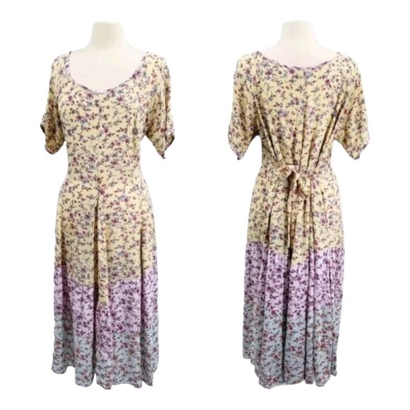 Allison Woods Floral Back Tie Round Neck Short Sleeves Midi Dress Size A8 18 - Picture 1 of 9